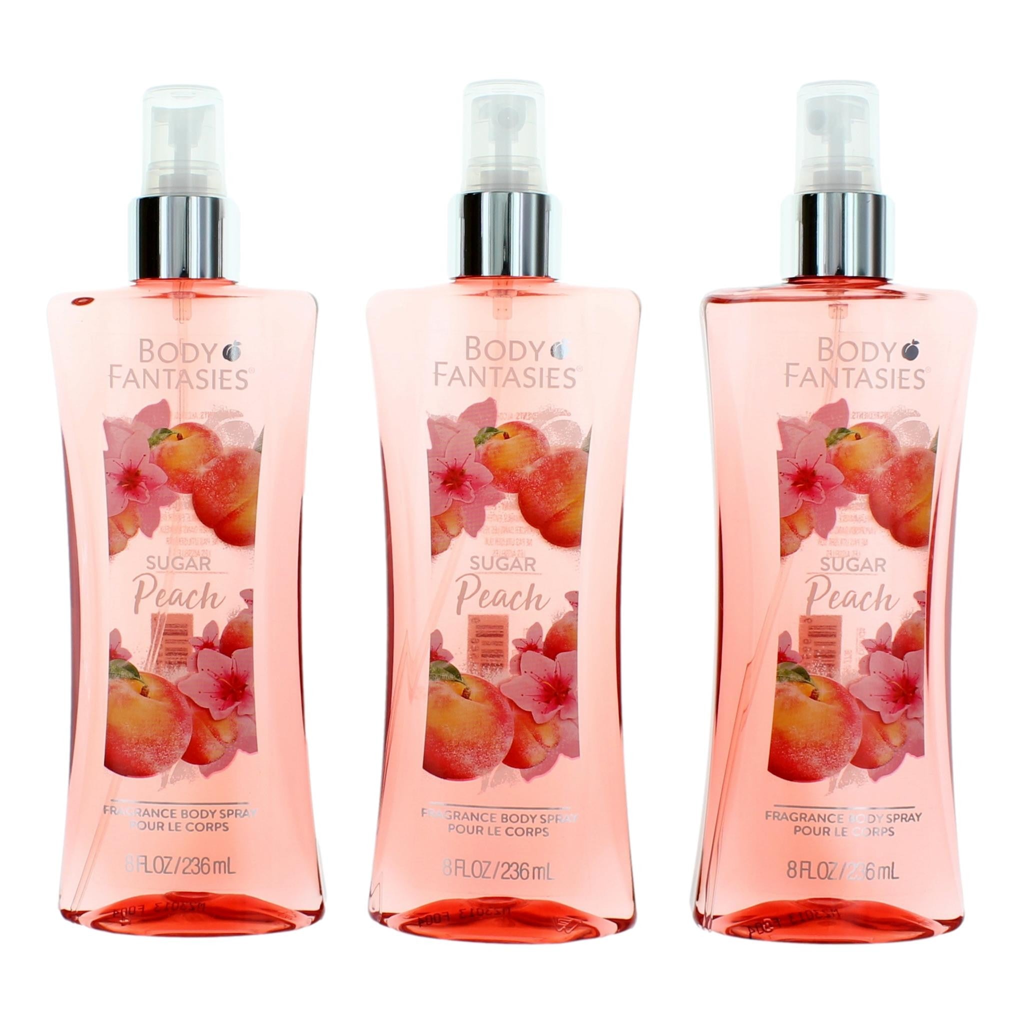 Bottle of Sugar Peach by Body Fantasies, 3 Pack 8 oz Fragrance Body Spray for Women